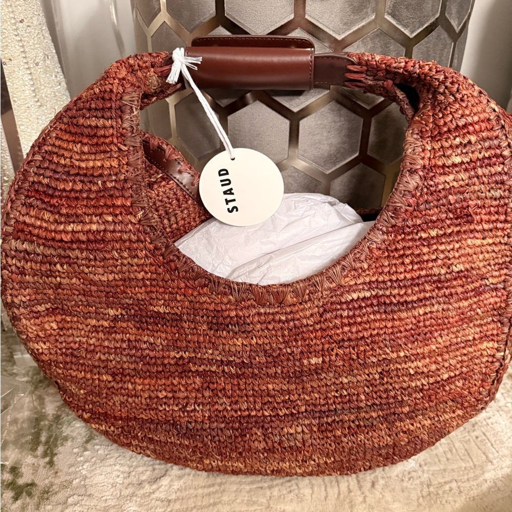 STAUD Large Mahogany Brown Raffia Shoulder Bag NWT - Picture 6 of 11